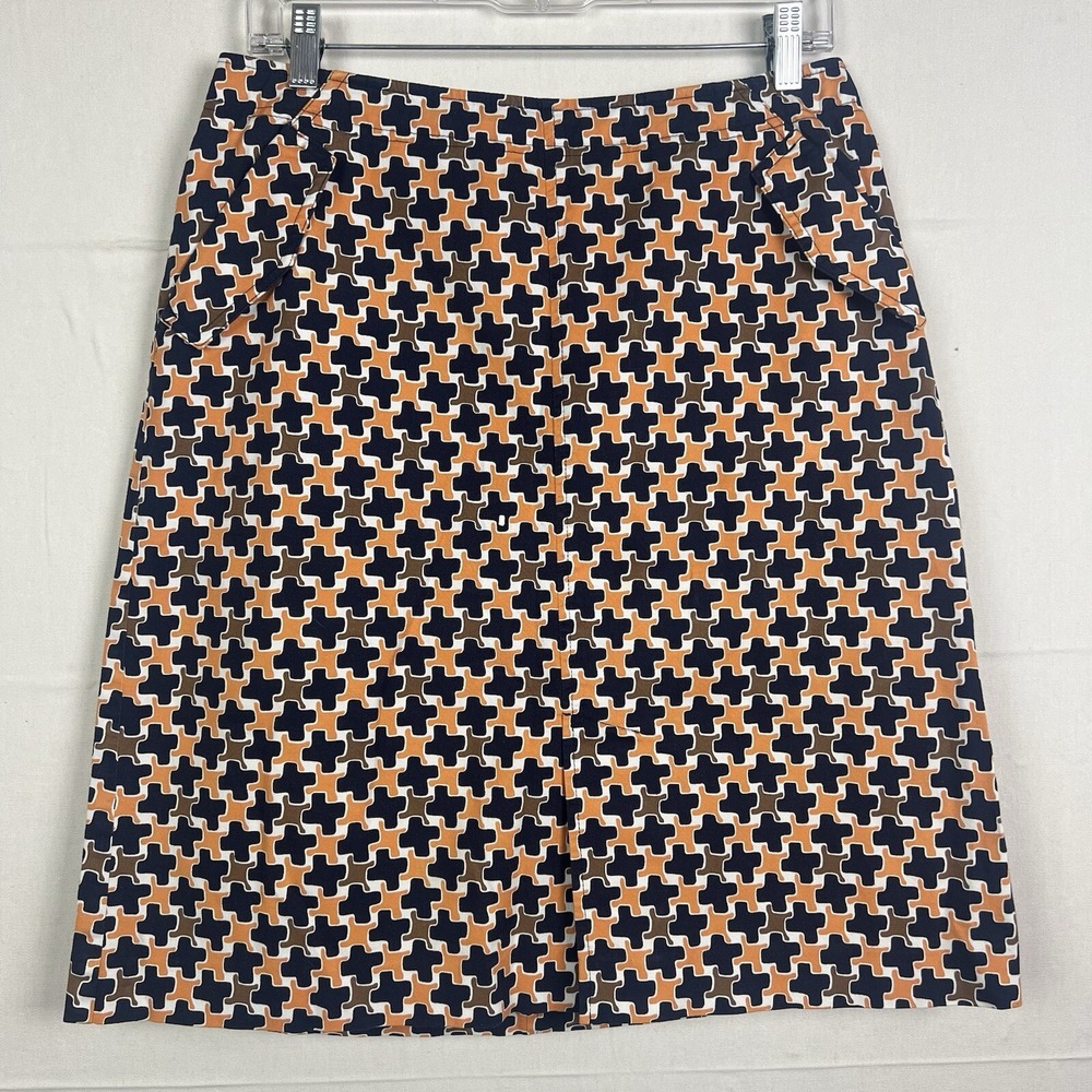 Vintage Talbots Skirt Women 8 Blue Orange Geo A Aline Pocket Knee Cotton Stretch